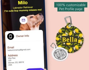 May include: A customizable pet profile page on a smartphone screen with a photo of a Labrador Retriever named Milo. The page includes owner information, such as email address and home address. The page also includes a section for other information, with a plus sign to add more details.