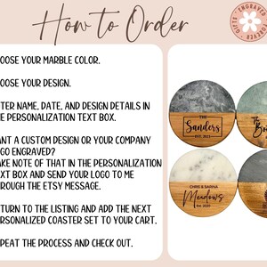Personalized engraved marble and acacia wood coasters with design options.  Give a special gift for housewarming, gift for bridal shower, gift for wedding, gift for anniversary, or a gift for Mothers Day gift.