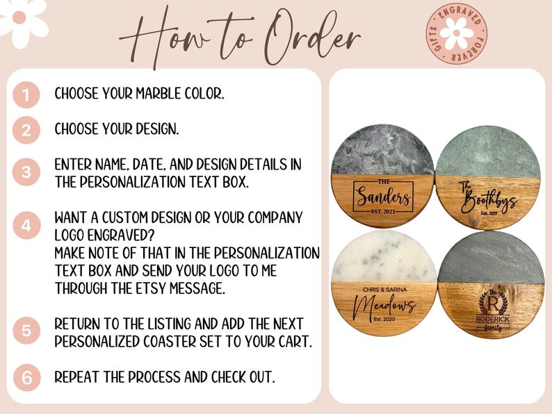 Personalized engraved marble and acacia wood coasters with design options.  Give a special gift for housewarming, gift for bridal shower, gift for wedding, gift for anniversary, or a gift for Mothers Day gift.