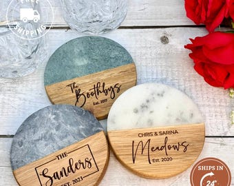 Custom Wood Coasters with Marble Gift for Housewarming, Anniversary Gift for Couple, Engagement or Wedding Gift, Personalized Wood Coasters