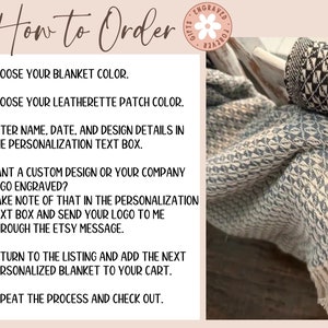 Custom cozy cotton throw blanket featuring a beautifully laser engraved leatherette patch. Perfect for weddings, anniversaries, or special occasions. Personalize with names or a heartfelt message for a unique, meaningful gift that will be cherished.