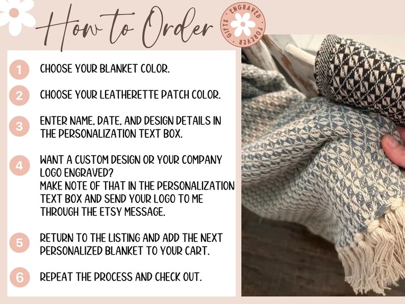 Custom cozy cotton throw blanket featuring a beautifully laser engraved leatherette patch. Perfect for weddings, anniversaries, or special occasions. Personalize with names or a heartfelt message for a unique, meaningful gift that will be cherished.
