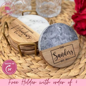 Personalized Marble Wood Coasters for Couple Gift, Gift for Wedding or Engagement, Anniversary Gift, Gift for Couples, Classy Upscale Gift