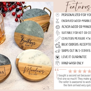 Personalized engraved marble and acacia wood coasters with design options.  Give a special gift for housewarming, gift for bridal shower, gift for wedding, gift for anniversary, or a gift for Mothers Day gift.