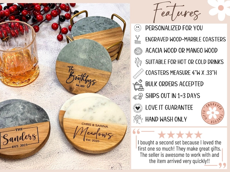 Personalized engraved marble and acacia wood coasters with design options.  Give a special gift for housewarming, gift for bridal shower, gift for wedding, gift for anniversary, or a gift for Mothers Day gift.
