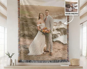 Personalized Wedding Blanket | Custom Photo Blanket From Your Picture | Woven Cotton Anniversary Gift | Newlywed Couple Keepsake Throw
