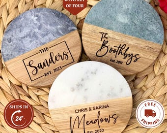 Personalized Marble Wood Coasters Gift Set, Custom Engraved Coaster Set, Engagement Gift, Bridal Shower Gifts, Wedding Gifts, Couple Gifts