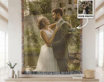 Wedding Woven Blanket, Customizable Photo Blanket, Woven Wall Tapestry, Custom Woven Blanket, Personalized Blanket Couple Gift, Cotton Throw
