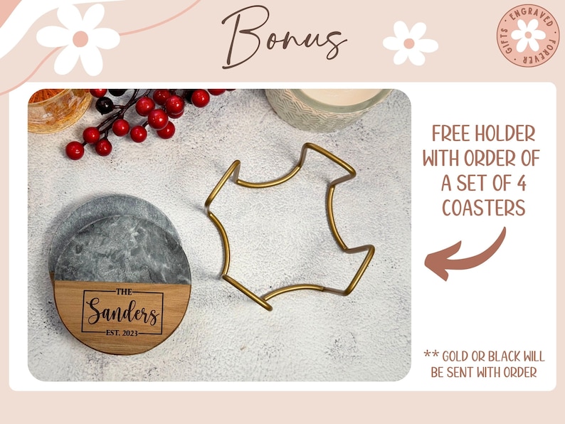 Personalized engraved marble and acacia wood coasters with design options.  Give a special gift for housewarming, gift for bridal shower, gift for wedding, gift for anniversary, or a gift for Mothers Day gift.