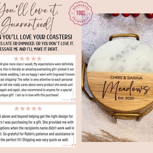 Personalized engraved marble and acacia wood coasters with design options.  Give a special gift for housewarming, gift for bridal shower, gift for wedding, gift for anniversary, or a gift for Mothers Day gift.