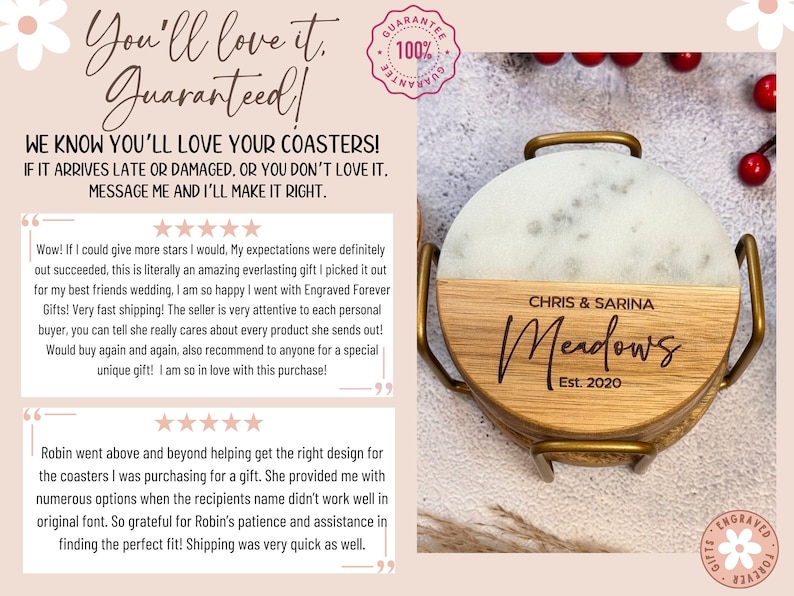 Personalized engraved marble and acacia wood coasters with design options.  Give a special gift for housewarming, gift for bridal shower, gift for wedding, gift for anniversary, or a gift for Mothers Day gift.