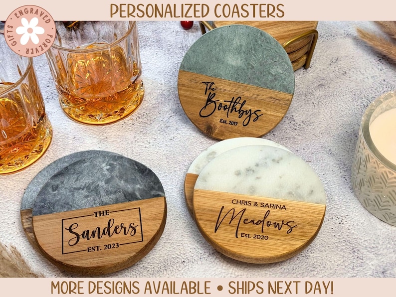 Personalized engraved marble and acacia wood coasters with design options.  Give a special gift for housewarming, gift for bridal shower, gift for wedding, gift for anniversary, or a gift for Mothers Day gift.
