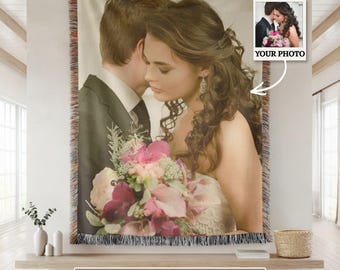 Cotton Anniversary Gift For Couple | Personalized Wedding Blanket From Photo | Custom Woven Photo Throw | Newlywed Keepsake Gift