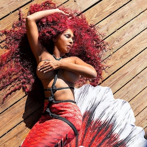 Beautiful Mermaid with Spread Out Red Hair Tied by Black Rope Laying on a Wooden Deck, Fine Art Print, Wall Art, Sensual Art
