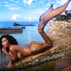Gorgeous Mermaid With Black Hair Laying On The Rocks At Sea, Fine Art Print, Wall Art, Sensual Art