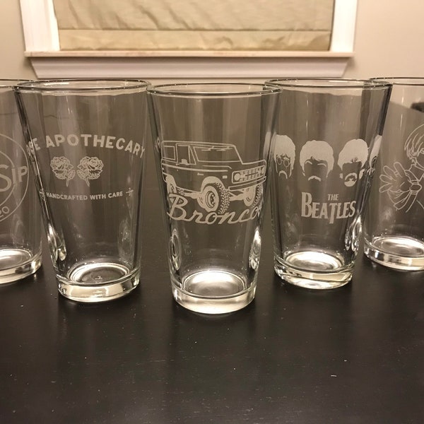 Custom pint glass laser engraved personalized with your corporate logo or image. Great gift!