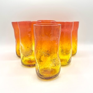 Set of 6 MCM 1960s Blenko Amberina Tangerine Crackle Dimple Tumblers Hand Blown Glass