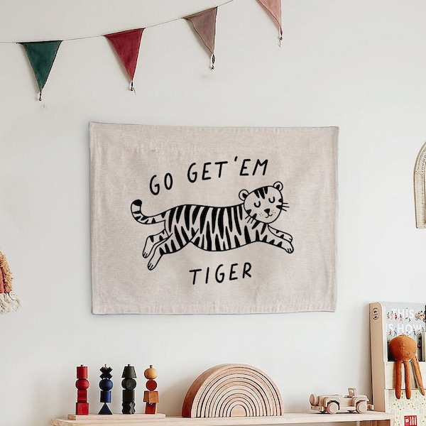 Go Get Them Tiger Tapestry, Woven Wall Hanging for Nursery, Kids Playroom or Bedroom Decor, Tiger themed Kids Room Decor
