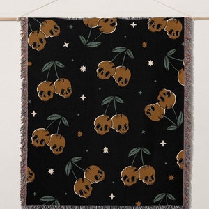 Spooky Halloween Woven Cotton Blanket - Skull Throw - Goth Home Decor - Halloween Decoration - Cherry Skull Blanket - Dark Cottagecore
