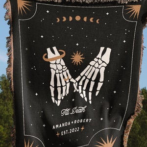 Custom Personalized Skeleton Blanket For Couples, Halloween Wedding Gift, Halloween Cotton Anniversary Gift, Gift for Husband and Wife