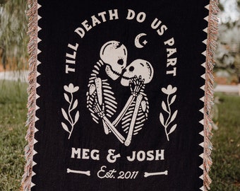 BESTSELLER - Custom Woven Throw - Halloween Skeletons Wedding Personalized Blanket - Gothic Cotton Anniversary Gift - Till Death Do Us Part