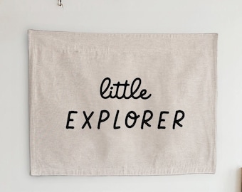 Little Explorer Tapestry, Woven Wall Hanging for Nursery, Kids Playroom or Bedroom Decor, Boho Banner Sign Pennant, Gift for a boy or girl.