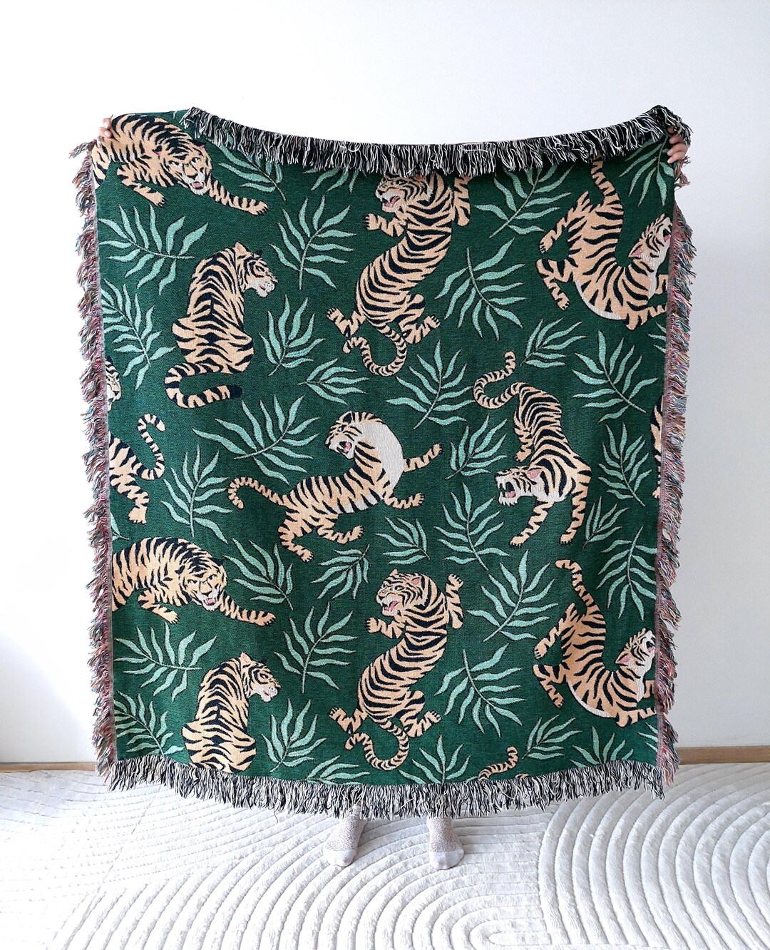 Tiger Jungle Woven Throw Blanket - Green Botanical Home Decor ...