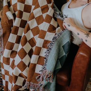 Checkered Print Cotton Woven Blanket, Minimalist Home Decor, Picnic Blanket, Brown Woven Throw