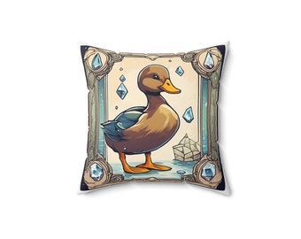 Duck of Fortune Tarot Pillow - Square Throw Cushion with Avian Tarot Card Art for Stylish and Mystical Home Accent