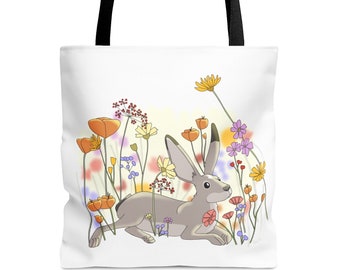 Rabbit Tote Bag, Wildflower Bag, Beach Bag, Canvas Shopping Bag, Reusable Grocery Bag (3 sizes)