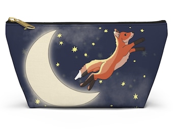 Moon Fox Zipper Pouch, Fox Zipper Bag, Makeup bag, Pencil Bag, Travel Organizer, Accessory Pouch, Moon Bag (2 sizes)
