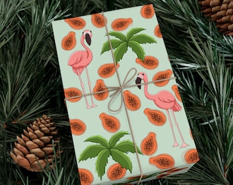 Papaya Wrapping Paper, Cute Flamingo Gift Wrap, Tropical Gift Paper, Aloha Wrap Paper, Tropical Fruit