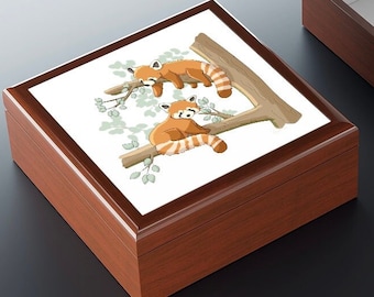 Joyero de panda rojo, caja de panda rojo, cofre del tesoro, cofre de madera para recuerdos, cofre de madera para baratijas