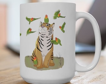 Tiger Mug, Large Tiger Mug, Cute Tiger Ceramic Mug, Lovebird Coffee Mug (15oz)