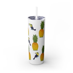 Pineapple Tumbler, Toucan Pineapple Water Bottle, 20oz Tropical Water Bottle, Glitter Tumblr, Cute Gym Gift