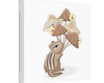 Chipmunk Canvas Print, Mushroom Art, Animal Square Canvas, Ready to Hang (2 sizes)