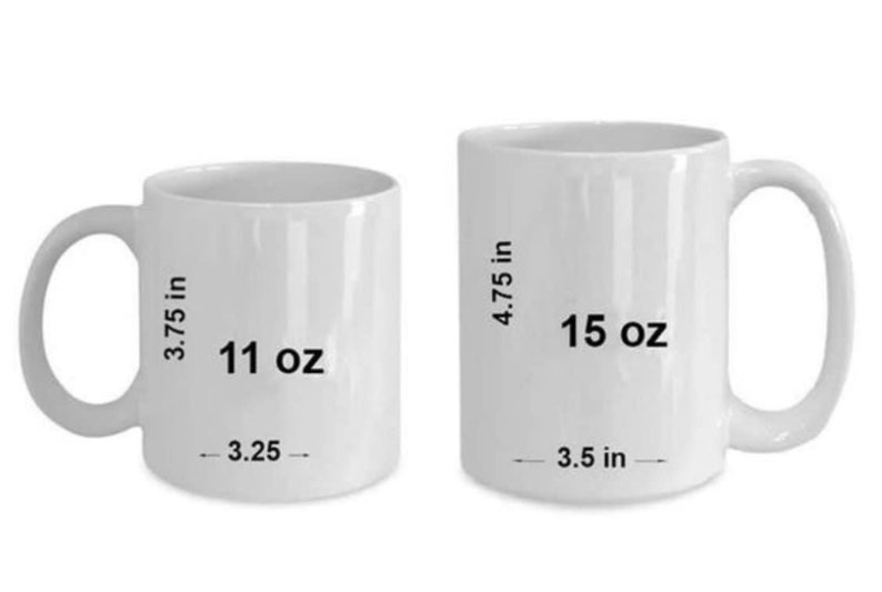 May include: Two white ceramic mugs, one 11 oz and one 15 oz. The mugs are both plain white with black text indicating the size and volume.
