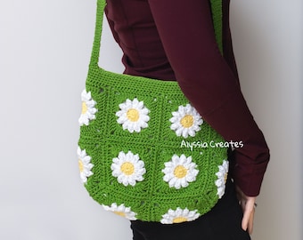 Ready to Ship - Crochet daisy zipper bag, fabric lining, crochet bag, cotton
