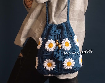 Ready to Ship - Crochet daisy drawstring bag, fabric lining, crochet bag, cotton