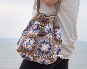 Ready to Ship - Crochet granny square drawstring bag, fabric lining, crochet bag, cotton