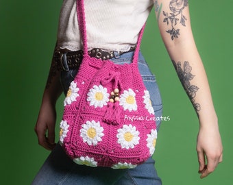 Ready to Ship - Crochet daisy drawstring bag, fabric lining, crochet bag, cotton