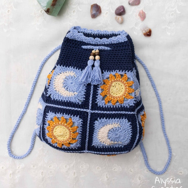 Crochet drawstring backpack bag, crochet sun and moon backpack, crochet backpack, fabric lining, crochet bag, cotton, handmade bag, astro