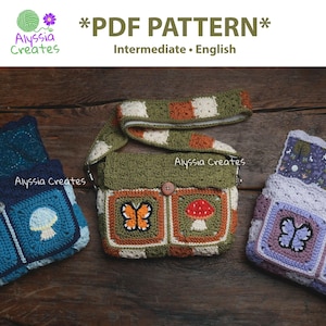 May include: Three crocheted bags with butterfly and mushroom designs. The bags are blue, green, and purple. The bags are on a wooden surface. *PDF PATTERN* Intermediate. English