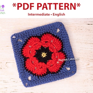 May include: A square crochet pattern featuring a red and black floral design on a blue background. The text "*PDF PATTERN*" and "Intermediate &bull; English" are displayed. The pattern is by Alyssia Creates.