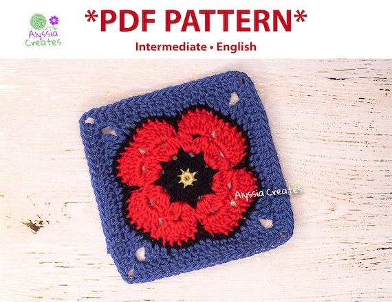 Poppy Flower Granny Square Crochet PDF PATTERN  (English)
