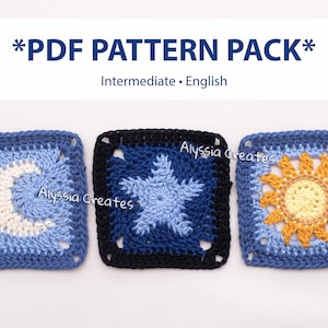 Sun, Moon and Star Granny Square Crochet PDF PATTERN Pack (English)