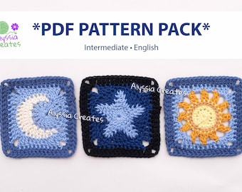 Sun, Moon and Star Granny Square Crochet PDF PATTERN Pack (English)