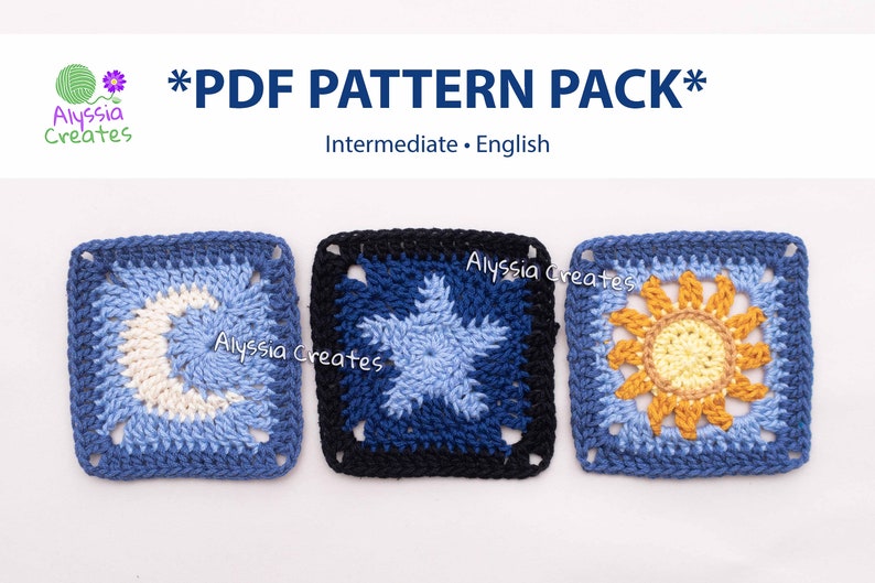 Sun, Moon and Star Granny Square Crochet PDF PATTERN Pack English image 1