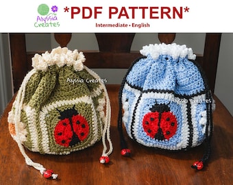 Ladybug and Daisy Drawstring Pouch Crochet PDF PATTERN - Intermediate (English)