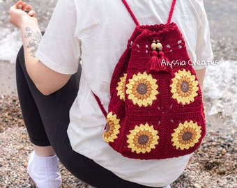 Ready to Ship - Crochet sunflower drawstring backpack, fabric lining, crochet bag, cotton